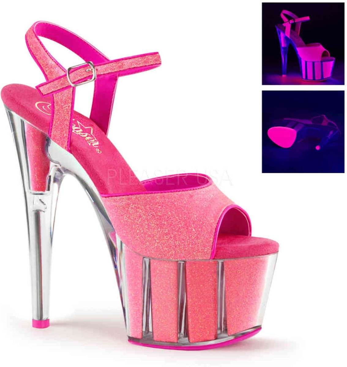 EU 35 = US 5 | ADORE-709G | 7 Heel, 2 3/4 PF Blacklight Reactive Ankle Strap Sandal